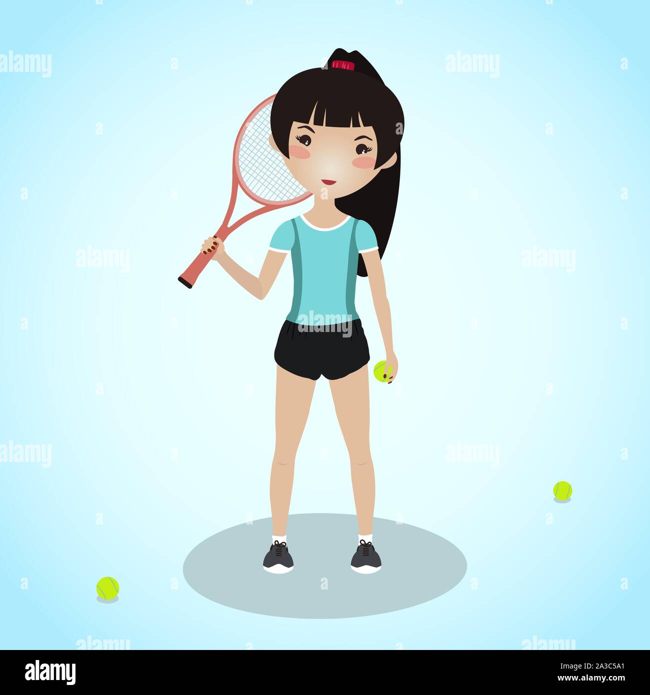 Teen girl holding a tennis racket. Active lifestyle. Playing tennis. Young and pretty caucasian woman. Sport people concept image. Beautiful asian wom Stock Vector