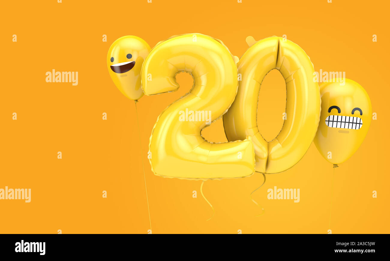 Number 20 birthday ballloon with emoji faces balloons. 3D Render Stock Photo