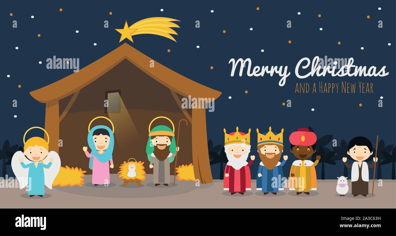 Christmas nativity scene with holy family, the three wise men and star of Bethlehem Vector background Stock Vector