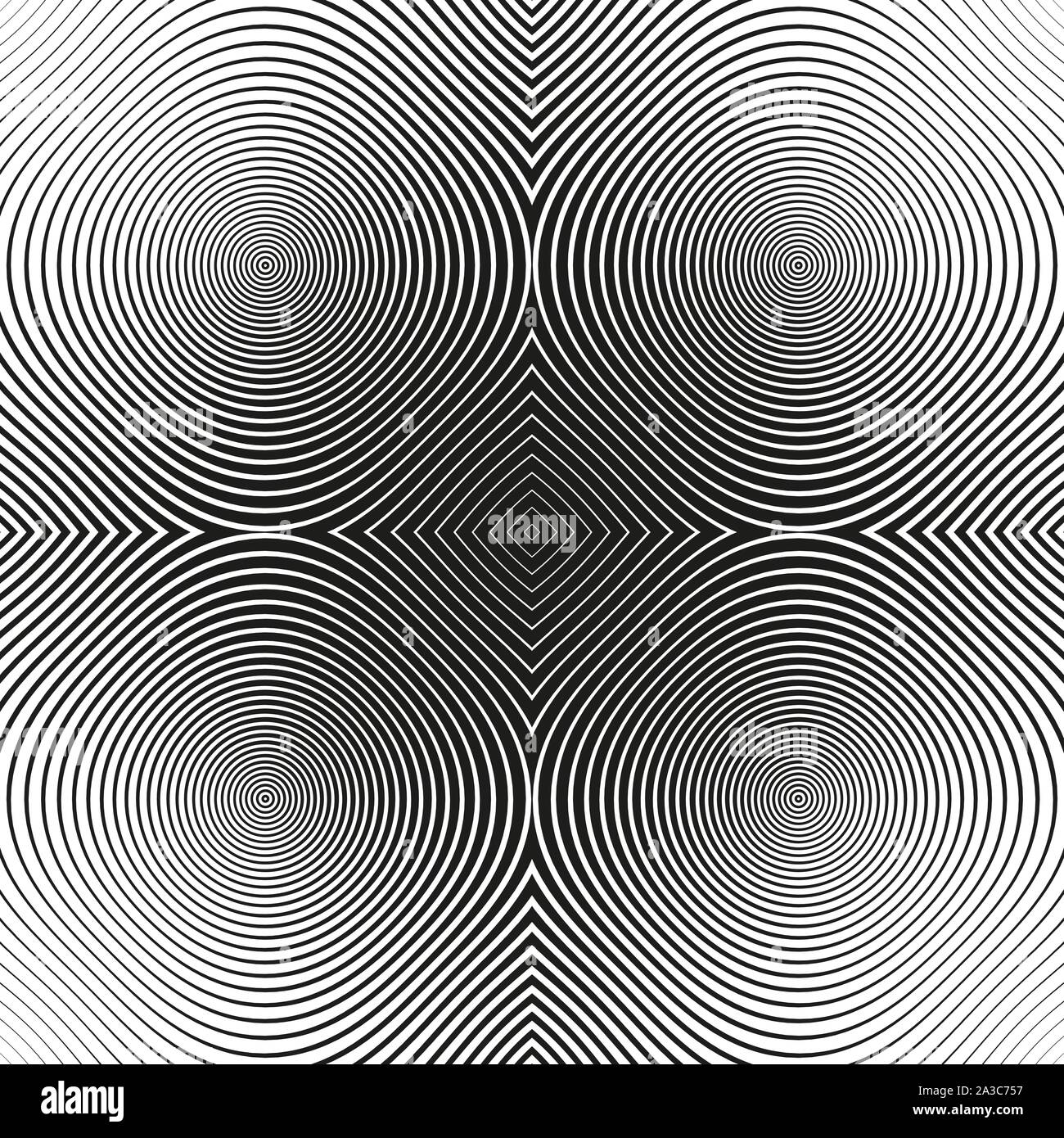 Black and white abstract modern concentric circles texture. Abstract spirally stripes background, optical, op art seamless pattern. Vector illustration. Halftone background. Stock Vector