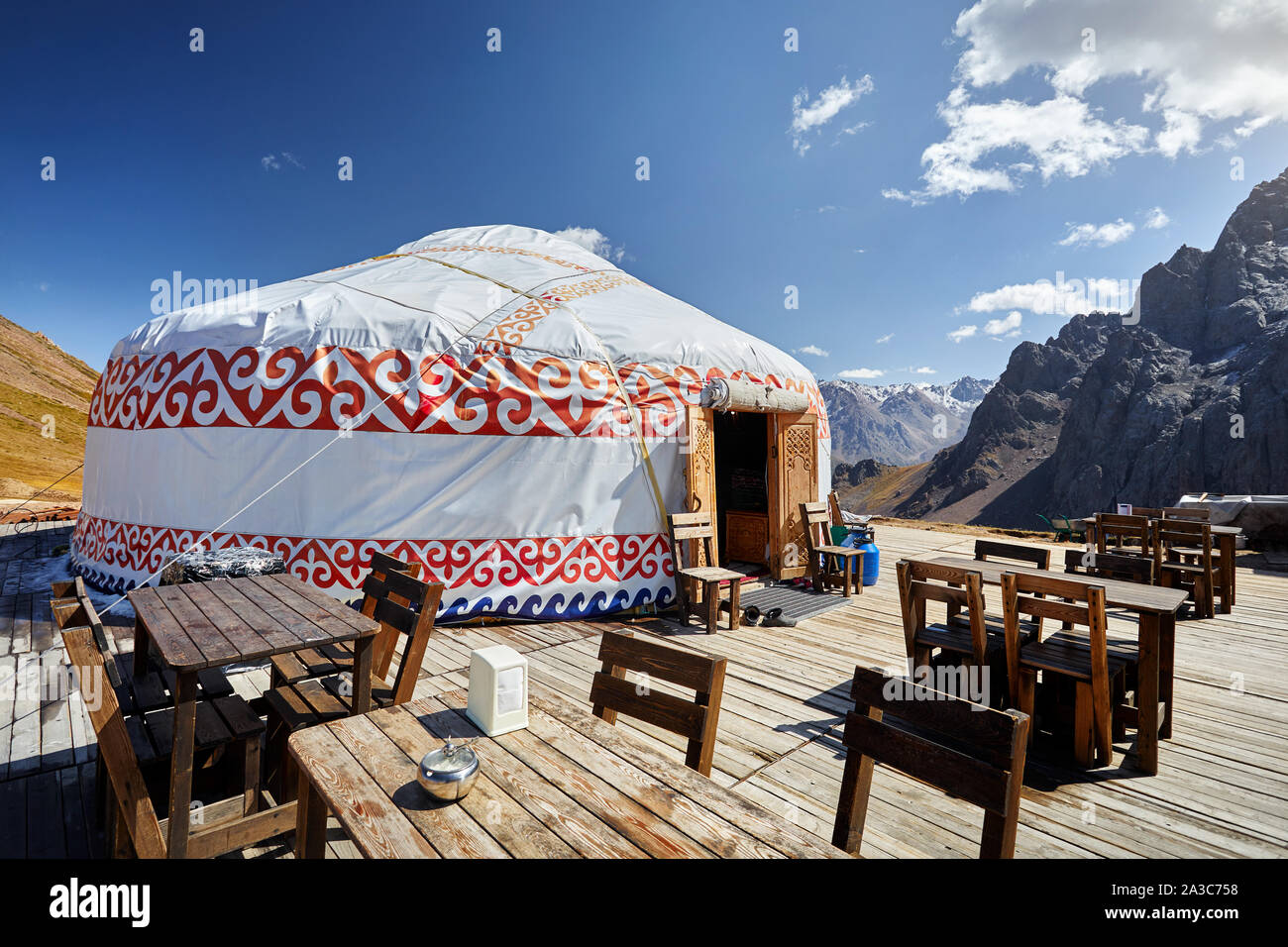 Restaurant from Yurt nomadic house at Ski resort Shymbulak in Almaty, Kazakhstan Stock Photo
