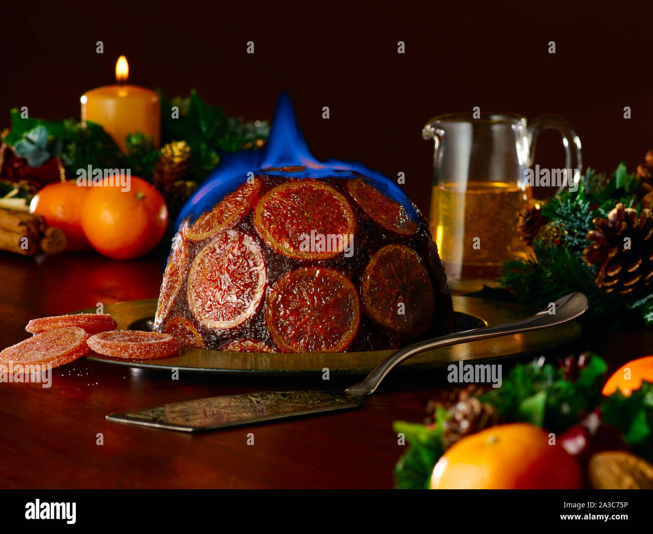 flaming Christmas pudding Stock Photo