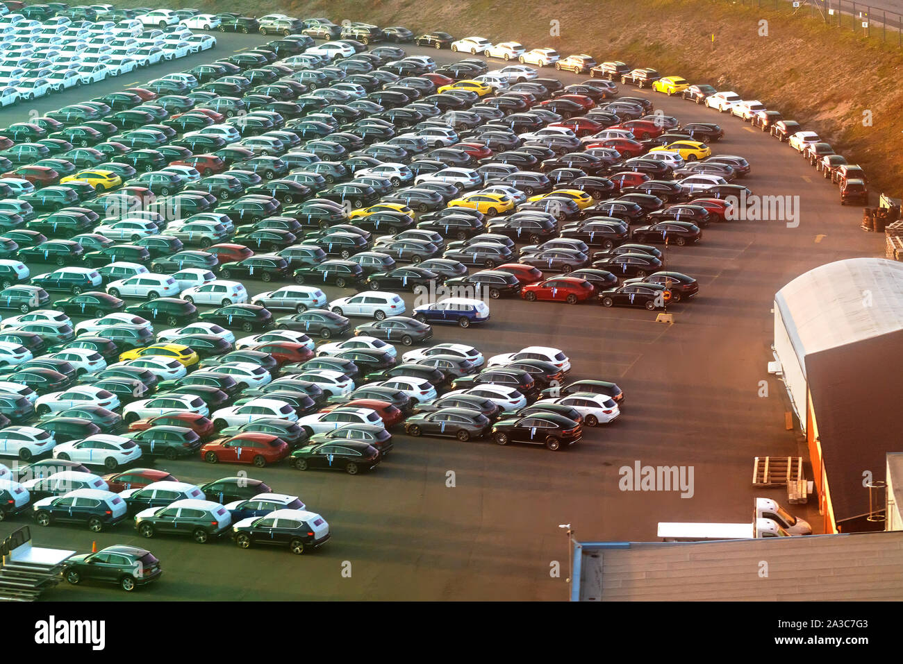 Large storage yard for motor vehicles at a factory or assembly plant