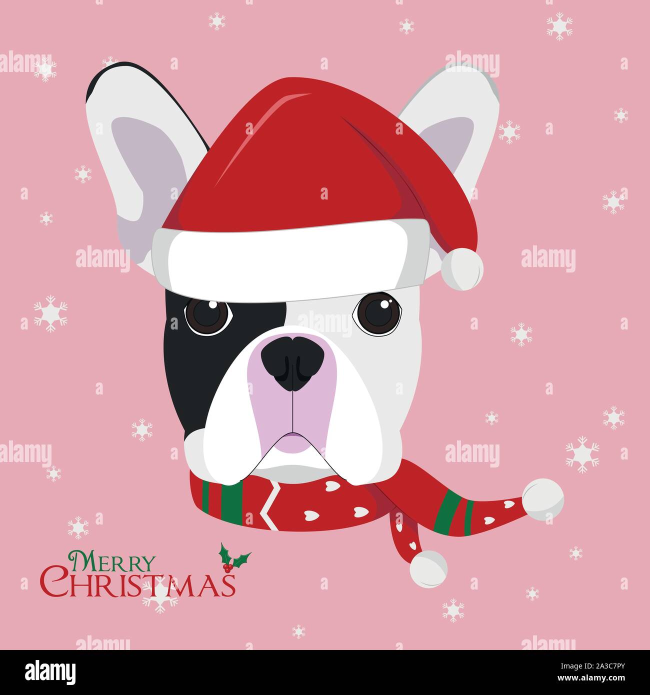 Christmas greeting card. French Bulldog dog with red Santa’s hat Stock