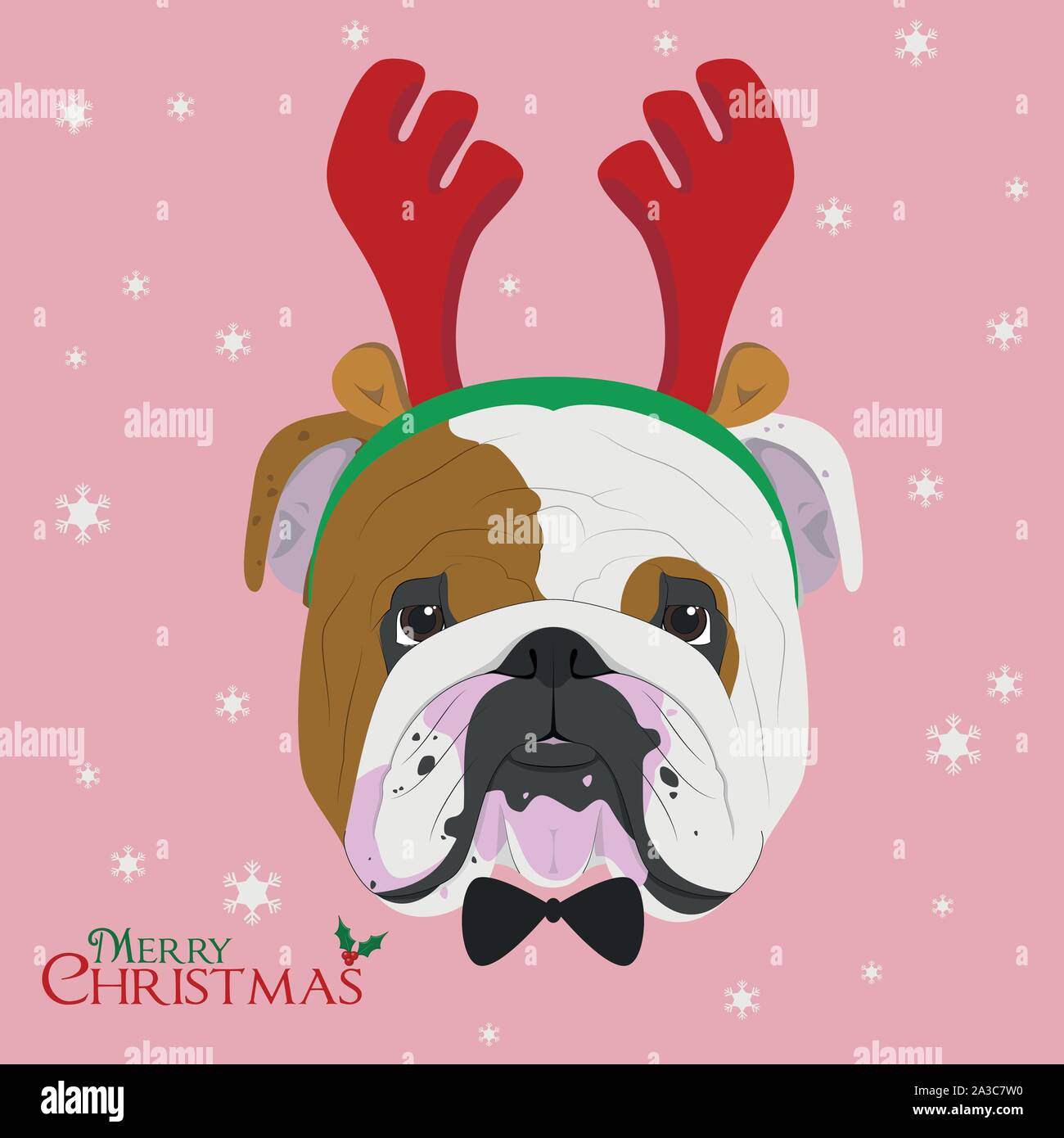 Christmas greeting card. English Bulldog dog with reindeer horns Stock Vector