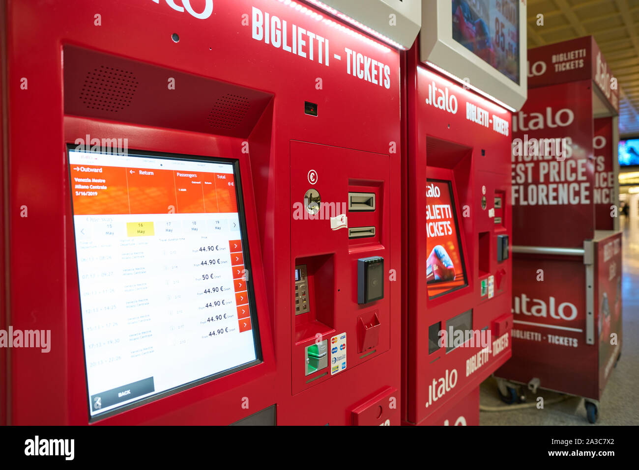 VENICE, ITALY - CIRCA MAY, 2019: self service kiosks at train station in Venice. Stock Photo