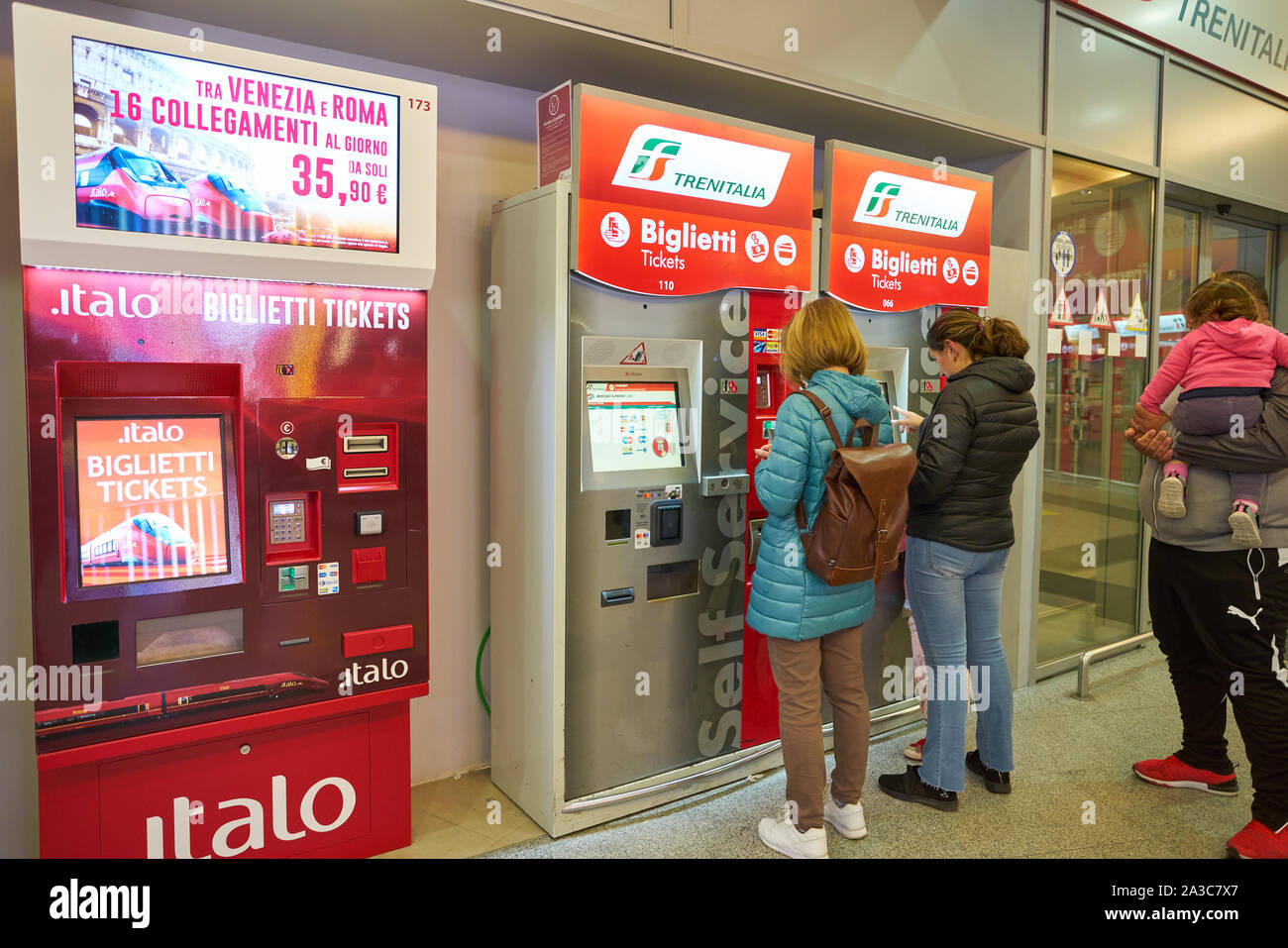 VENICE, ITALY - CIRCA MAY, 2019: self service kiosks at train station in Venice. Stock Photo