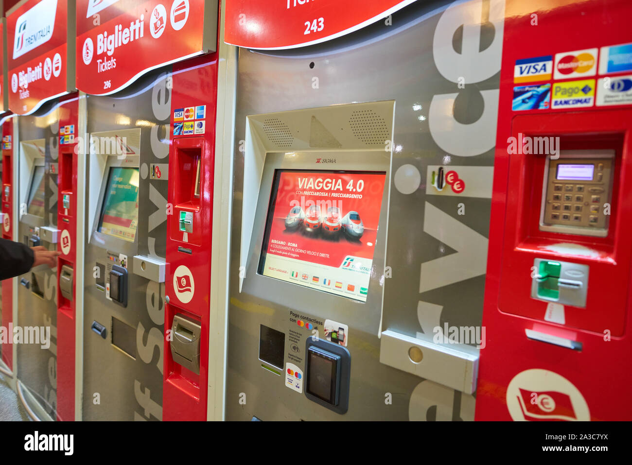 VENICE, ITALY - CIRCA MAY, 2019: self service kiosks at train station in Venice. Stock Photo