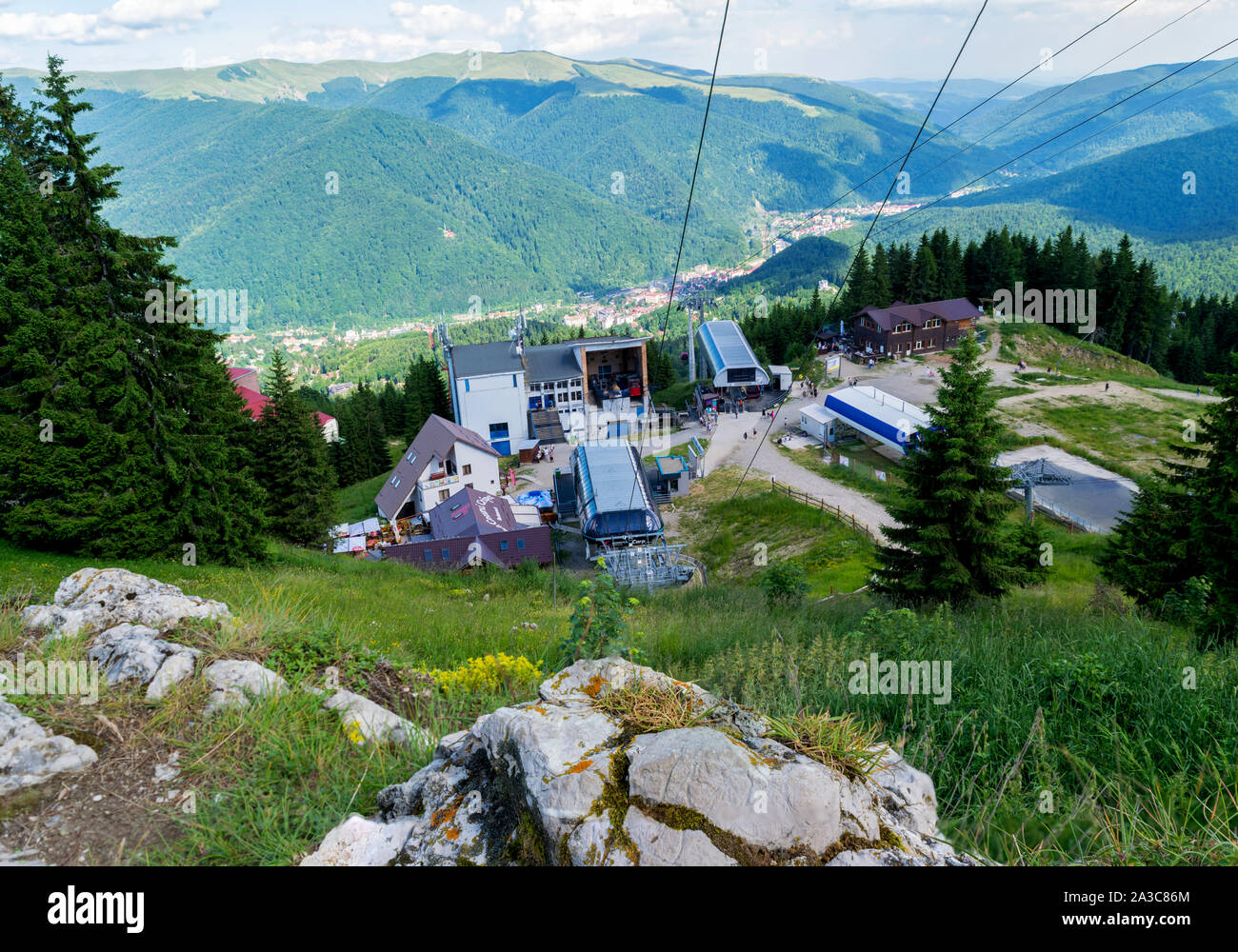 Sinaia, Prahova, Romania - June 29, 2019: View of the cable car gondola base station in Sinaia at 1400m altitude Stock Photo