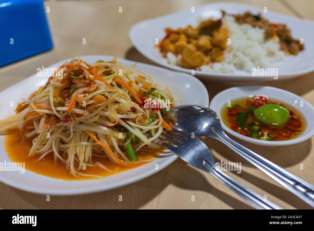 A Cheap and Tasty Meal in a Hawkwer Centre of Som Tam or Som Tum in Bangkok, Thailand. Close Up Shot Stock Photo