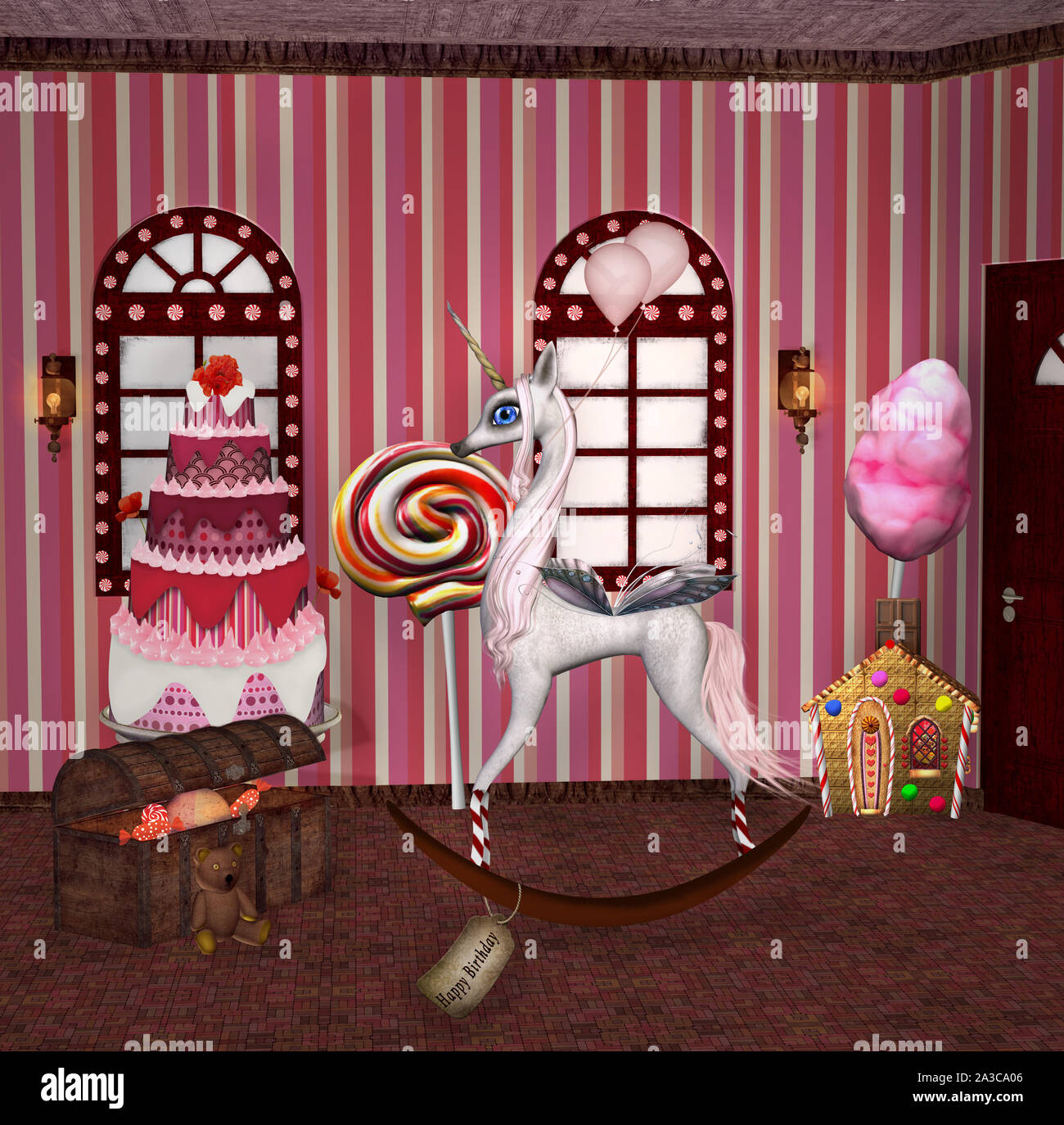Surreal birthday room with a rocking horse Stock Photo