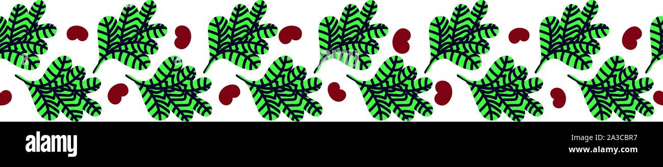 seamless vector pattern with green leaves and red heart shaped berries Stock Vector