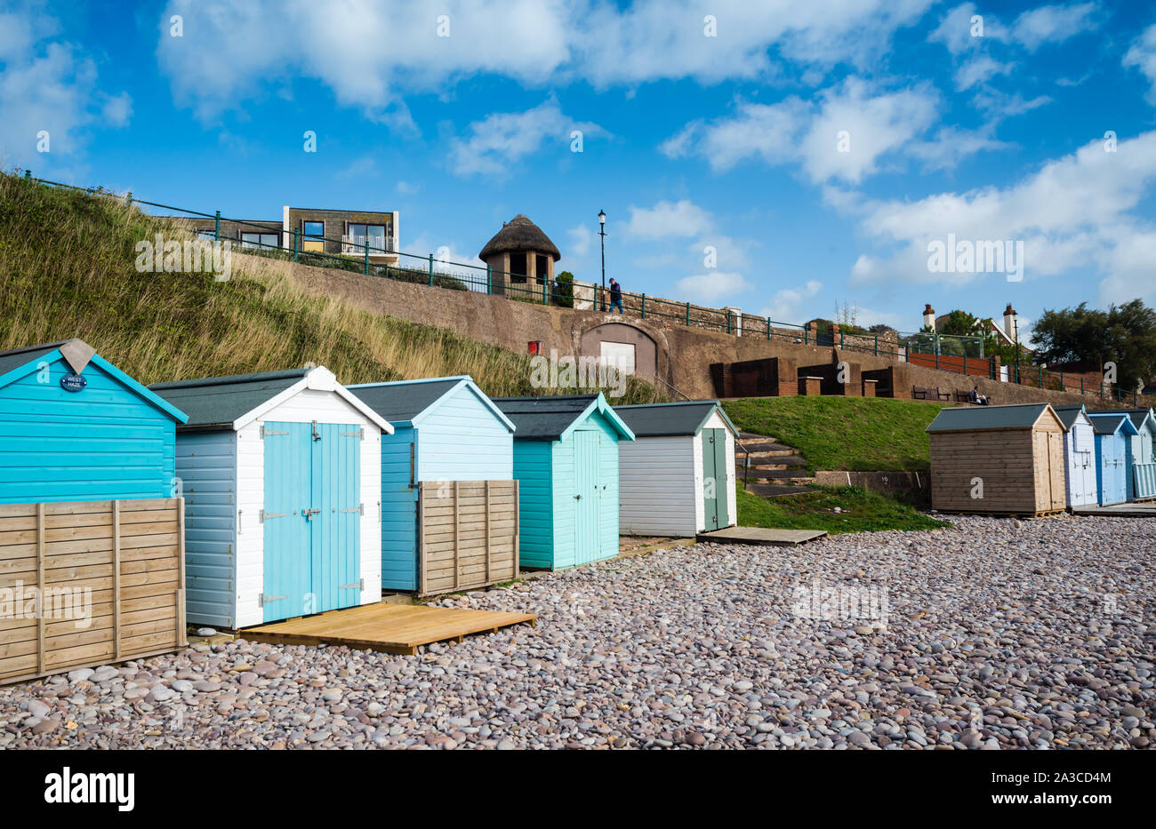 Beach Huts at Budleigh Salterton. Late Autumn when the visitors have gone home. Stock Photo