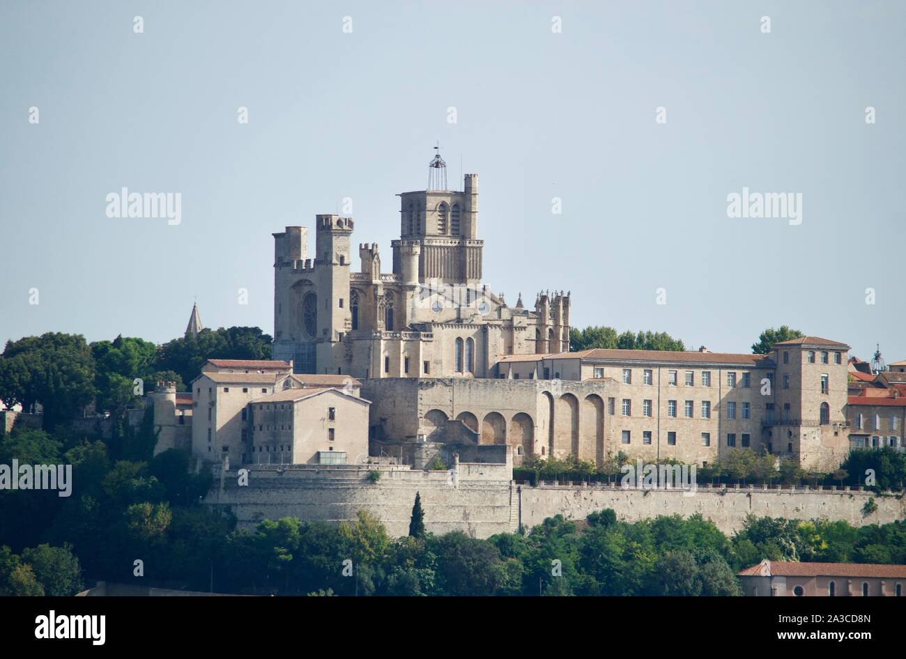 A view of Beziers Cathedral from Fonserannes Locks in France Stock Photo