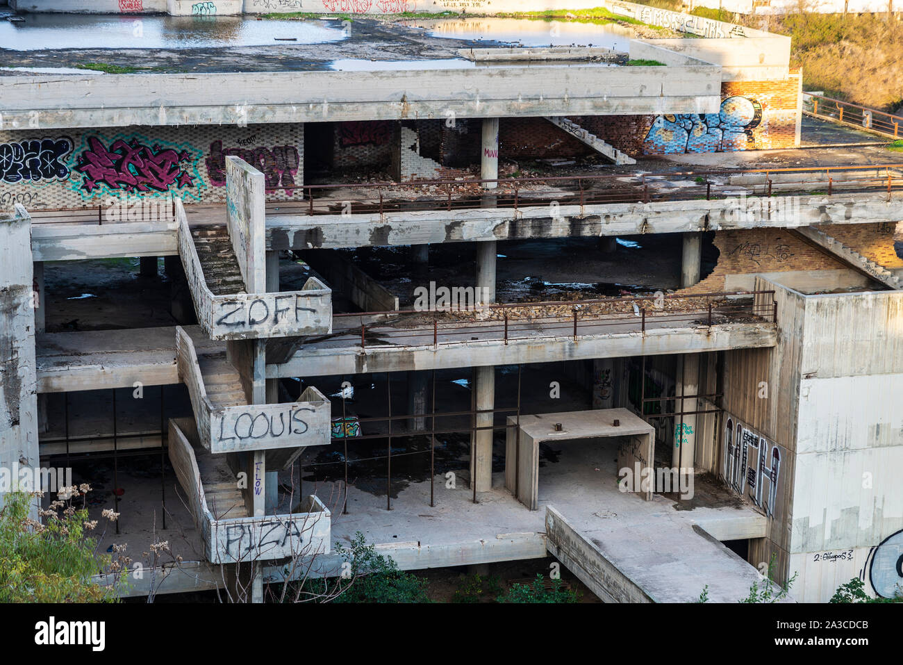 Athens, Greece - January 1, 2019: Abandoned building under construction with graffiti in Athens, Greece Stock Photo
