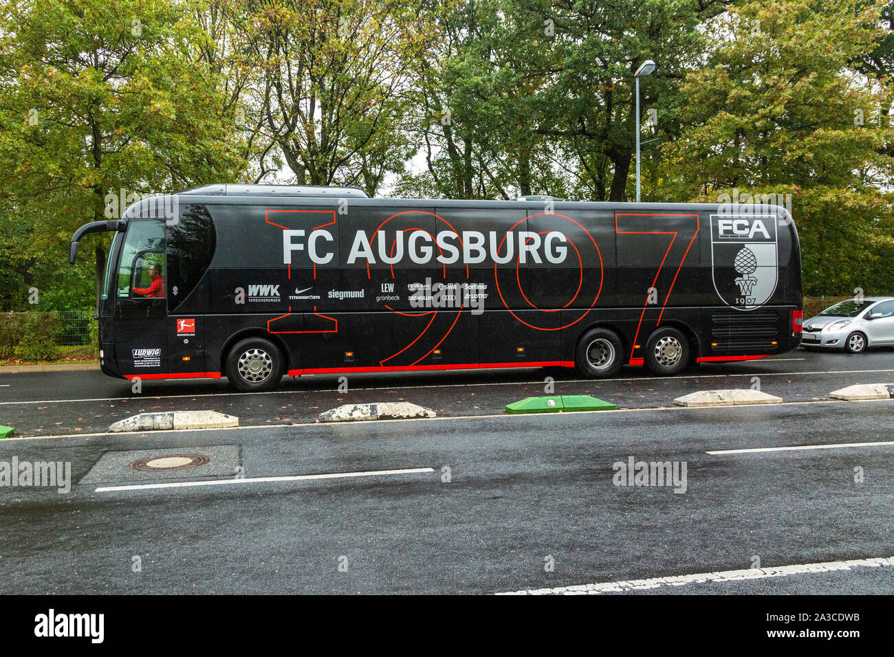 sports, football, Bundesliga, 2019/2020, Borussia Moenchengladbach vs. FC Augsburg 5-1, Stadium Borussia Park, team bus Augsburg Stock Photo