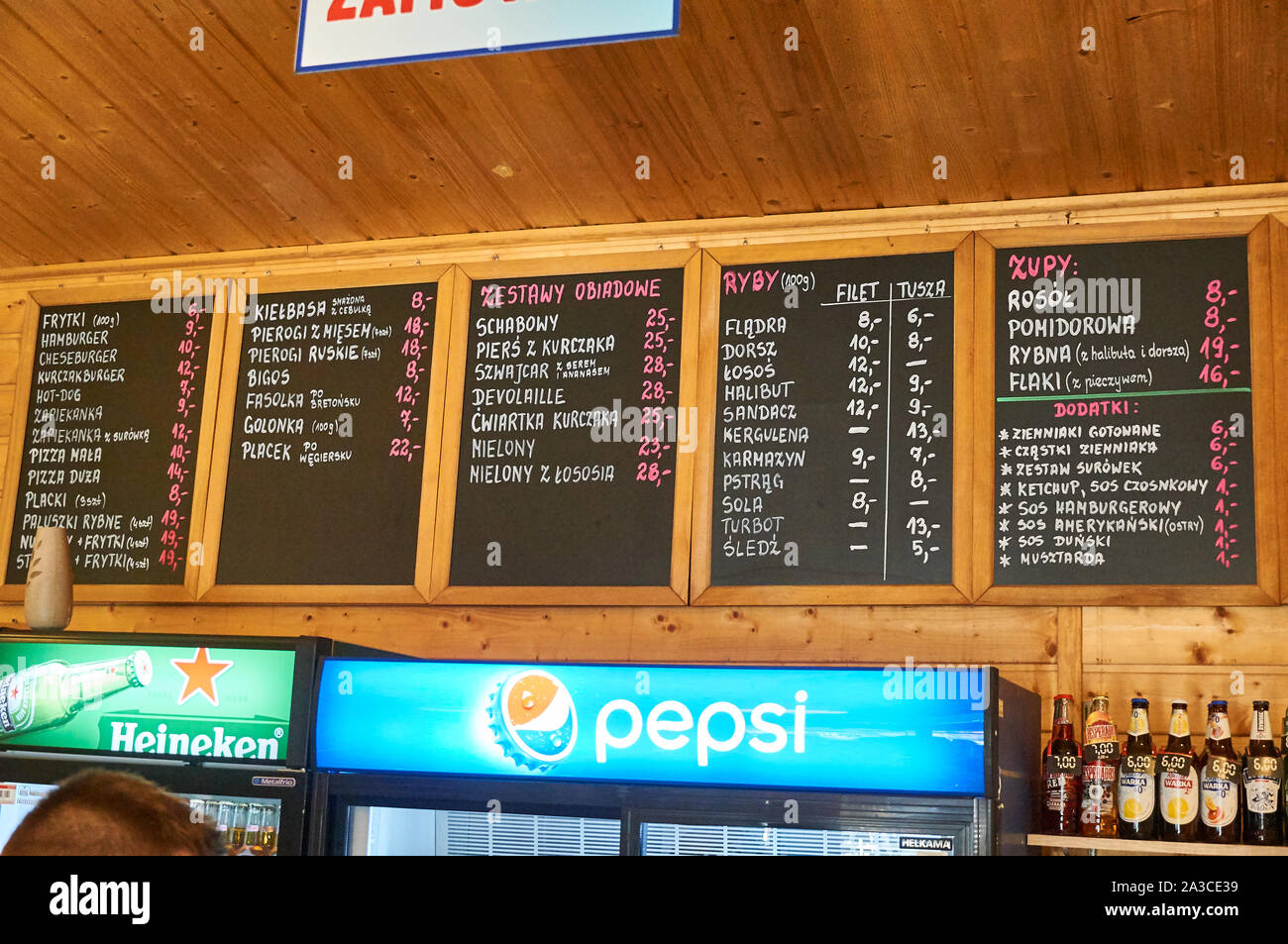 A menu list in a coastal sea food restaurant on a beach, Poland Stock Photo