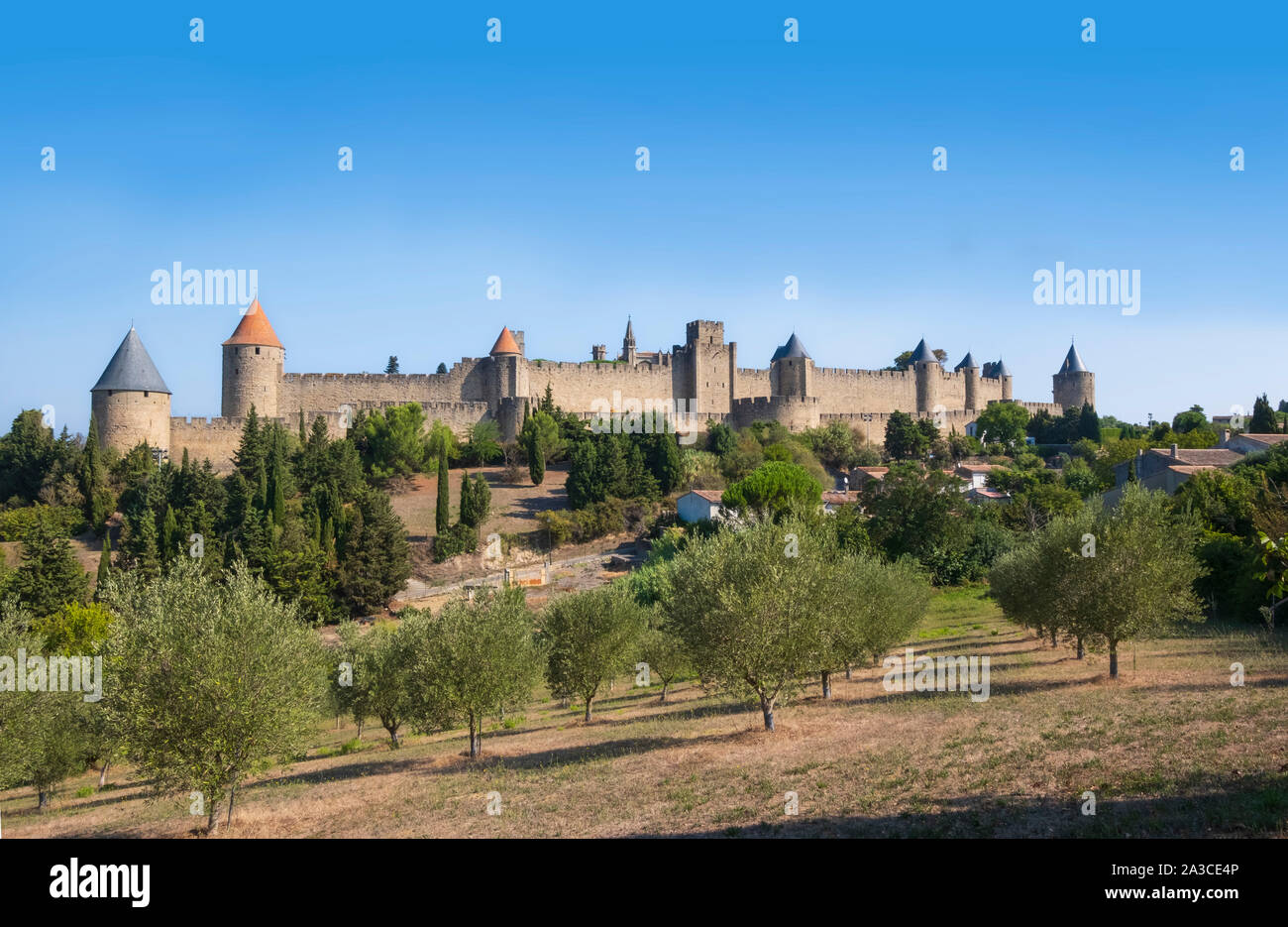 Carcassonne, France, La Cite is the medieval citadel, a well preserved walled town and one of the most popular tourist destinations in France Stock Photo