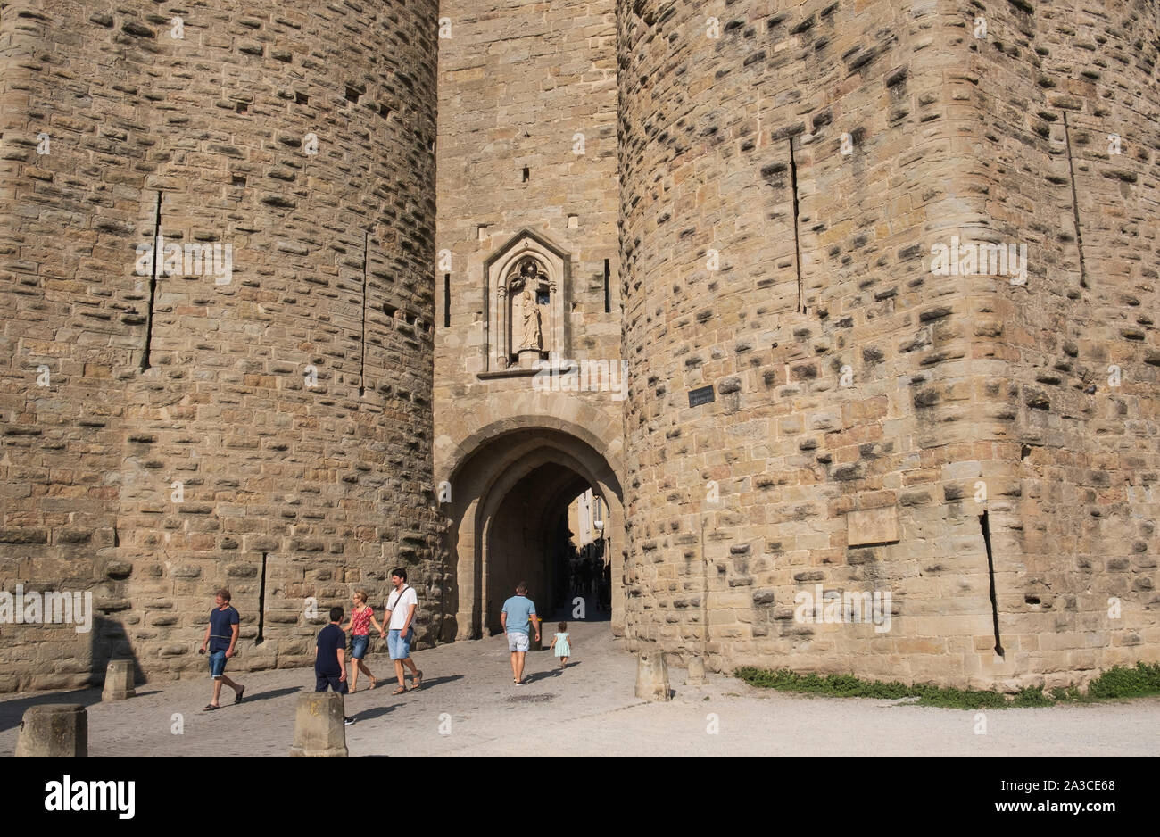 Entrance gate at the citadel, Carcassonne, France, La Cite is the medieval citadel, a well preserved walled town and one of the most popular tourist d Stock Photo