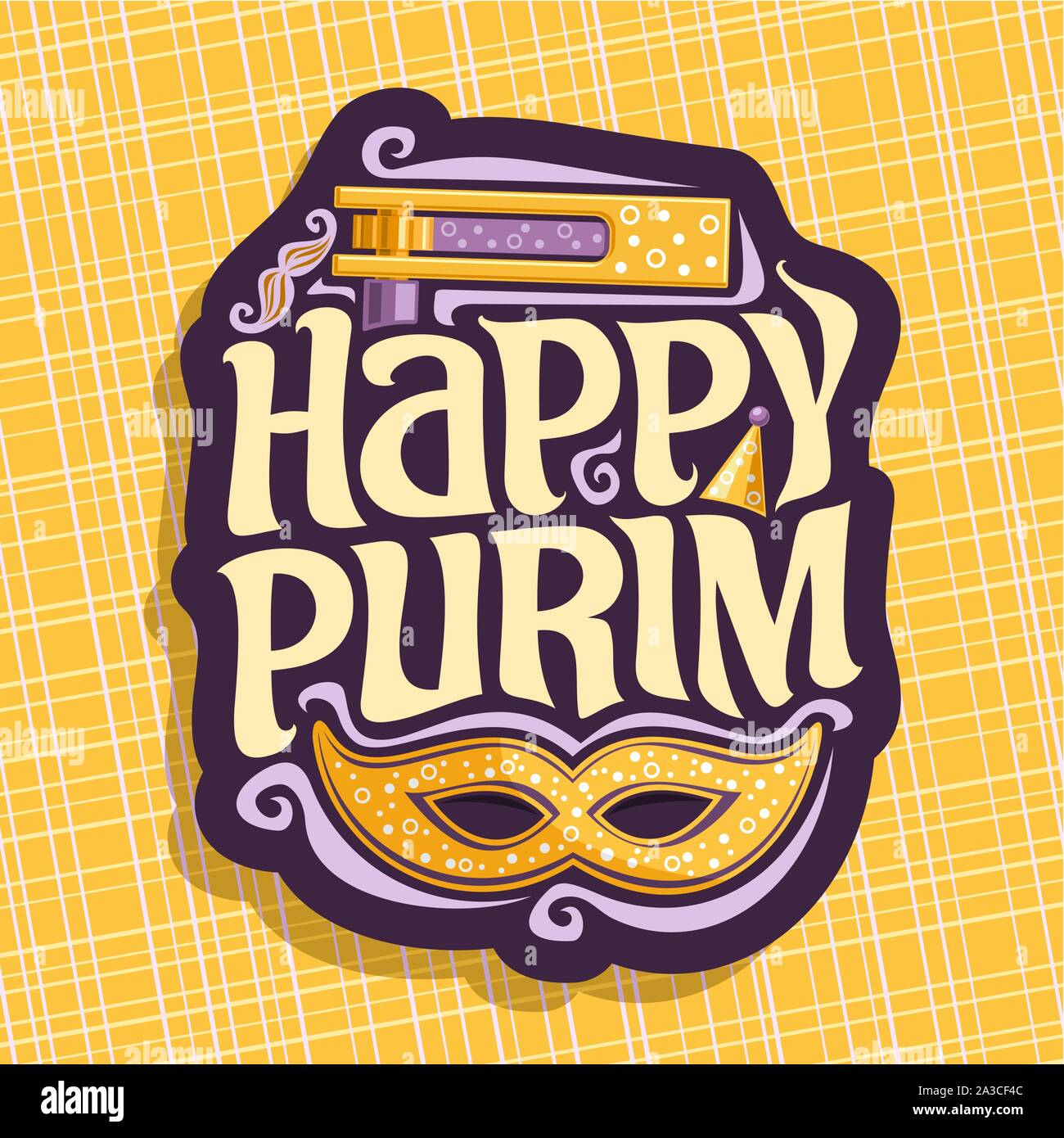 Vector logo for Happy Purim, poster with carnival mask and noise maker
