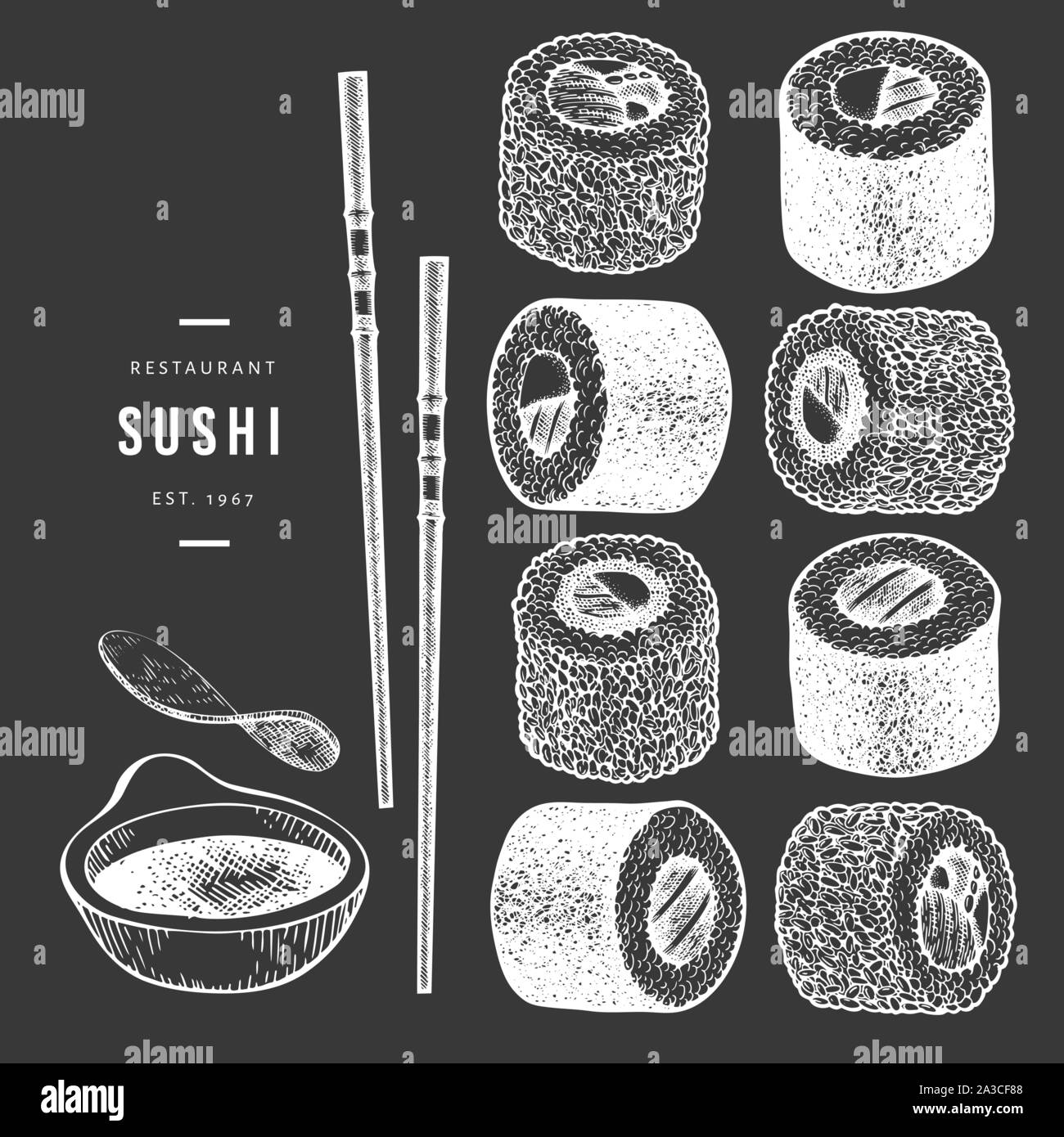 Sushi hand drawn vector illustrations on chalk board. Japanese cuisine ...
