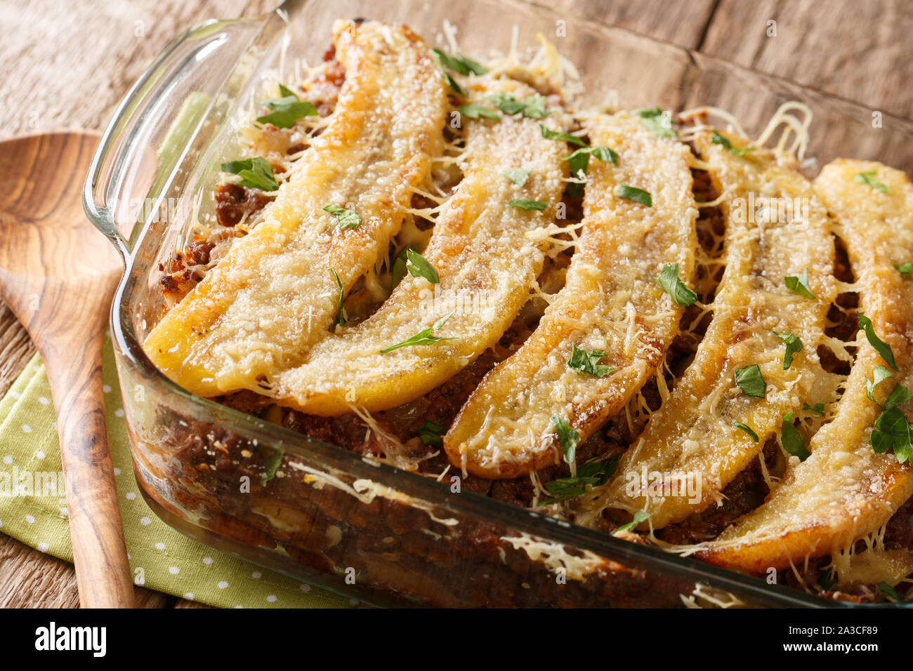 Sweet Plantain Lasagna close-up in a baking dish on a table. horizontal Stock Photo