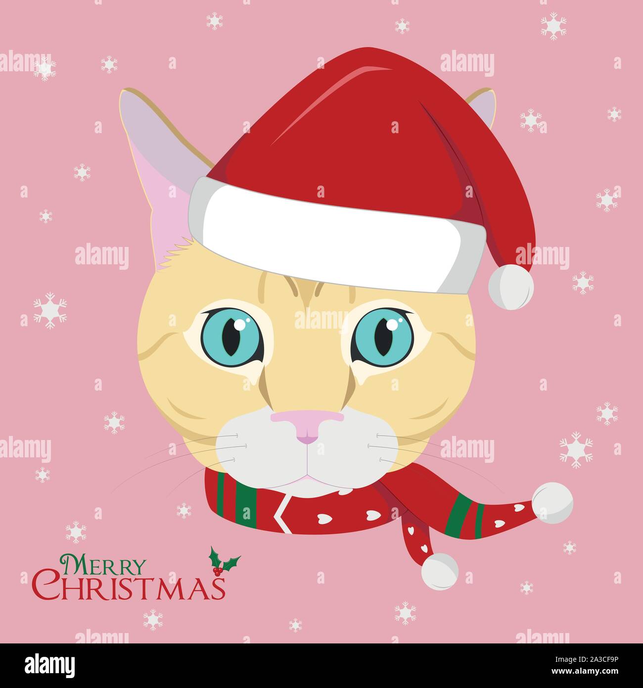 Christmas greeting card. European Shorthair cat wearing a scarf and a red Santa's hat Stock Vector