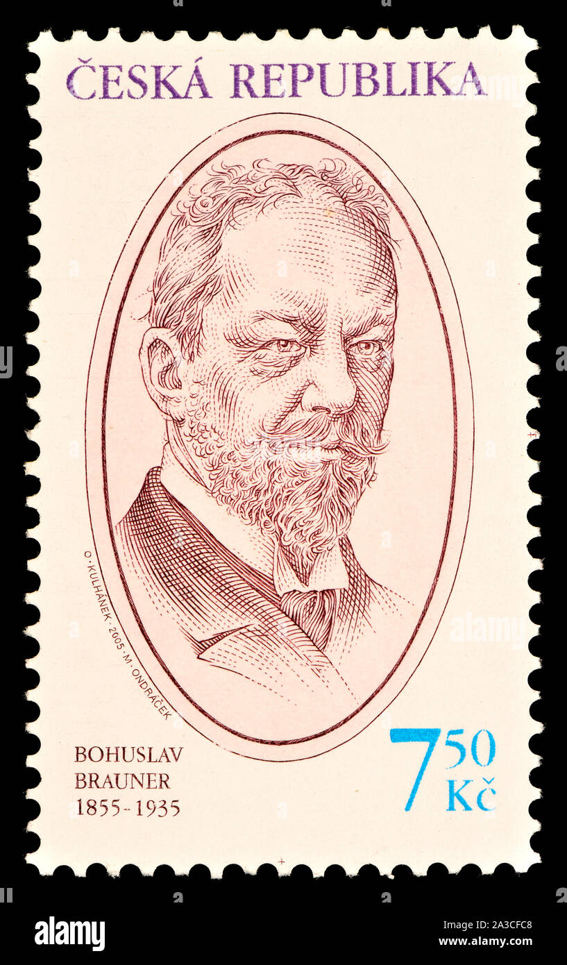 Czech postage stamp (2005): Bohuslav Brauner (1855 – 1935) Czech chemist. Stock Photo