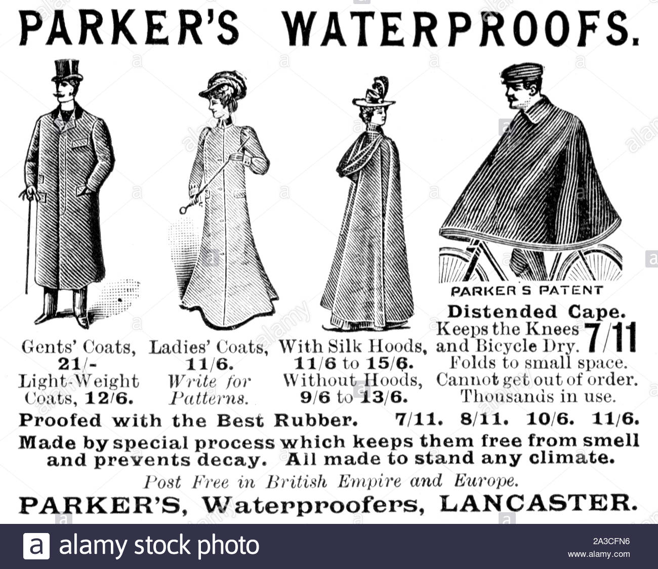 Victorian era, Parker's Waterproofs, vintage advertising from 1899 Stock Photo
