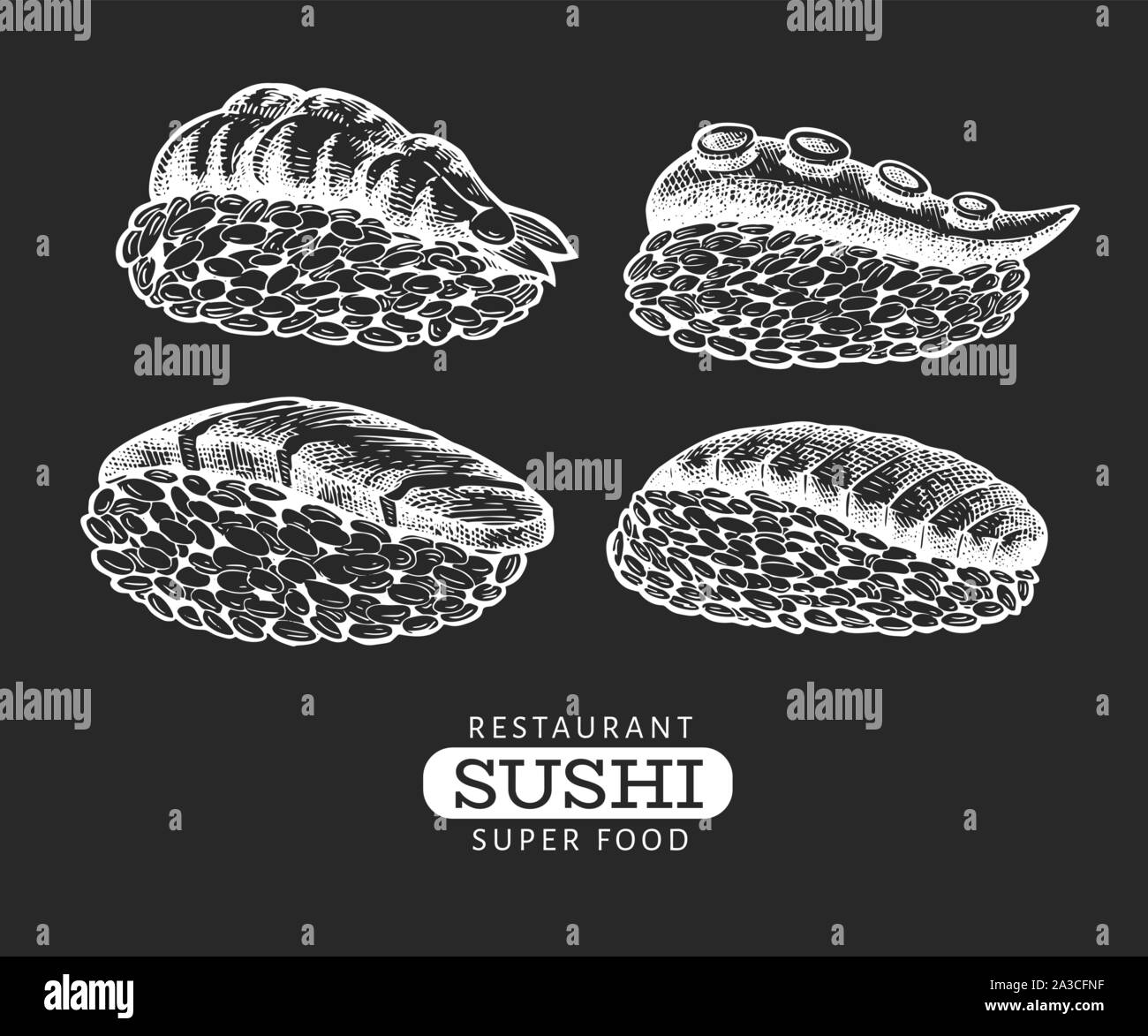Sushi nigiri hand drawn vector illustrations on chalk board. Japanese cuisine elements vintage style. Asian food background. Stock Vector