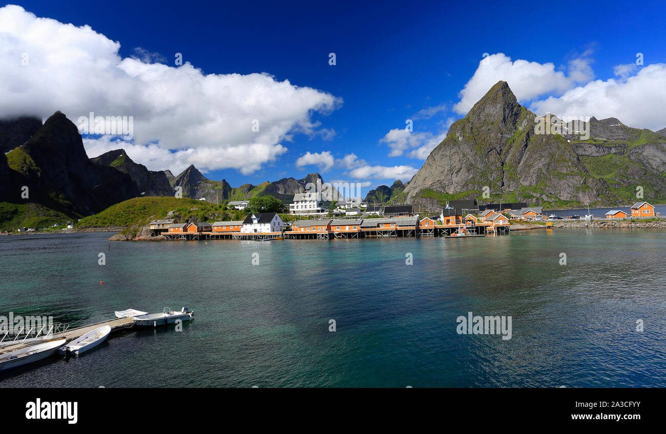Sakrisøy Island with colorful yellow fishing houses in a sunny day, Lofoten, Norway Stock Photo