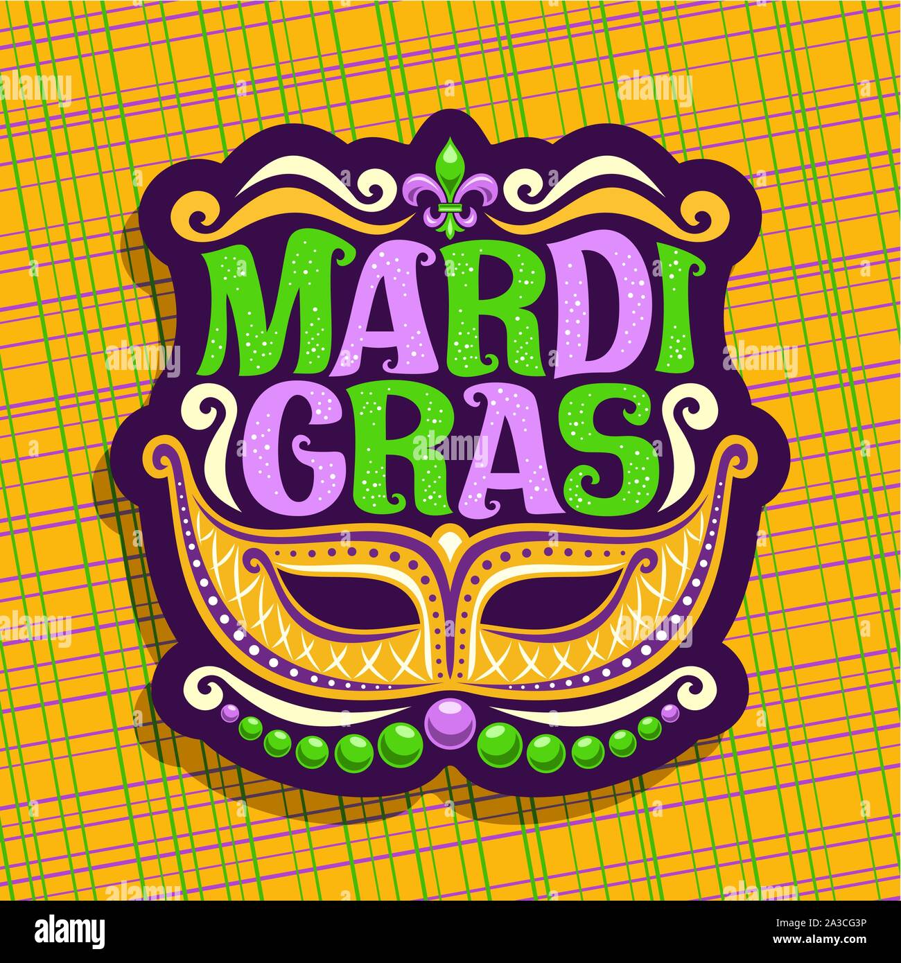 Vector logo for Mardi Gras Carnival, poster with golden venetian mask, symbol fleur de lis, original font for festive text mardi gras on yellow abstra Stock Vector