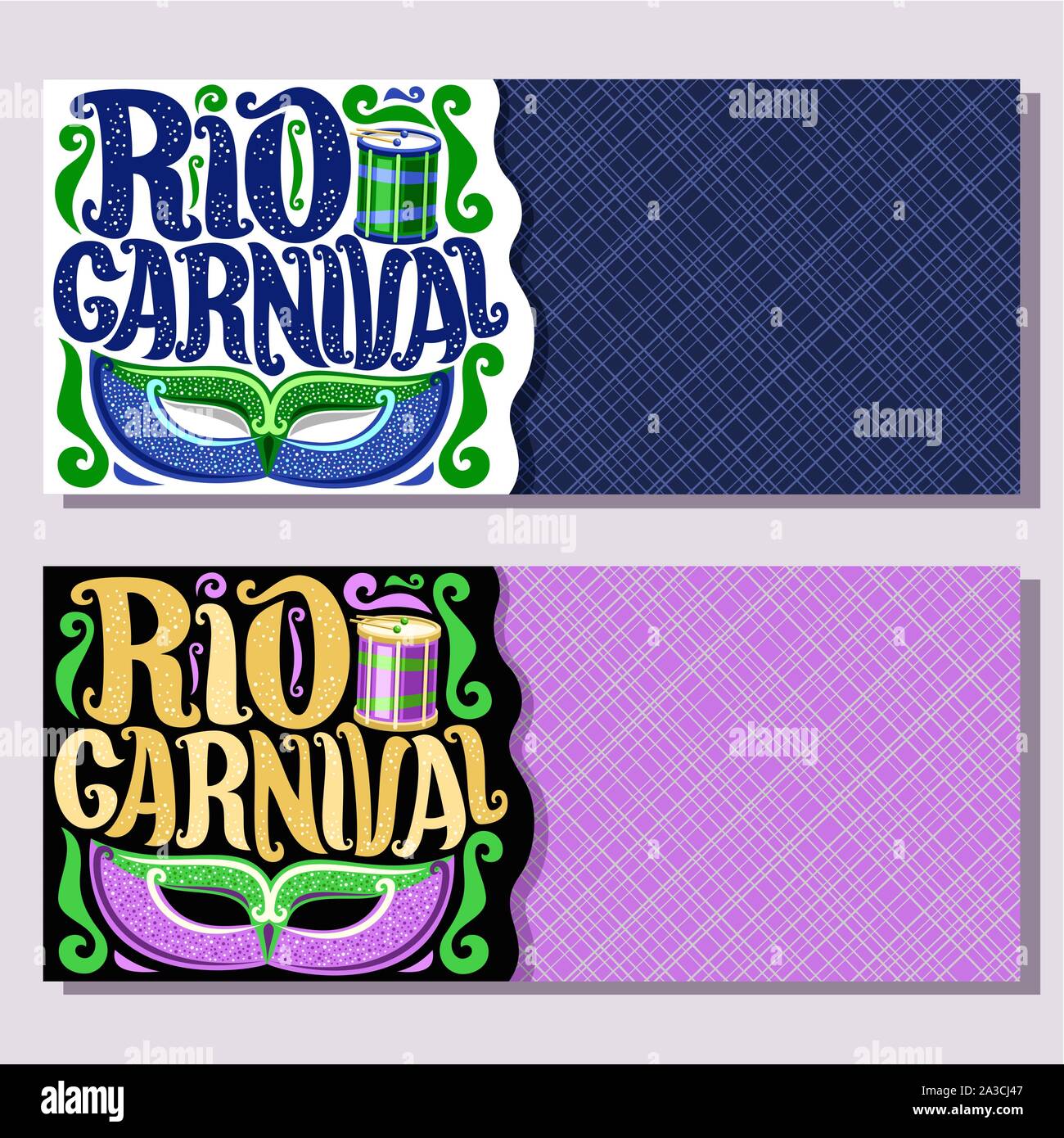 Vector banners for Rio Carnival, invite tickets with brazilian mask, original font for text rio carnival, drum with sticks for samba parade, layouts f Stock Vector