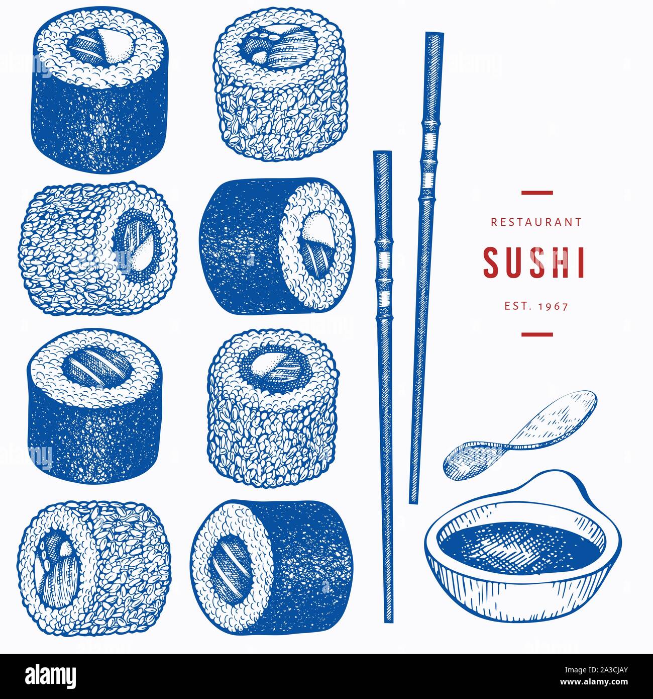 Sushi rolls hand drawn vector illustrations. Japanese cuisine elements ...