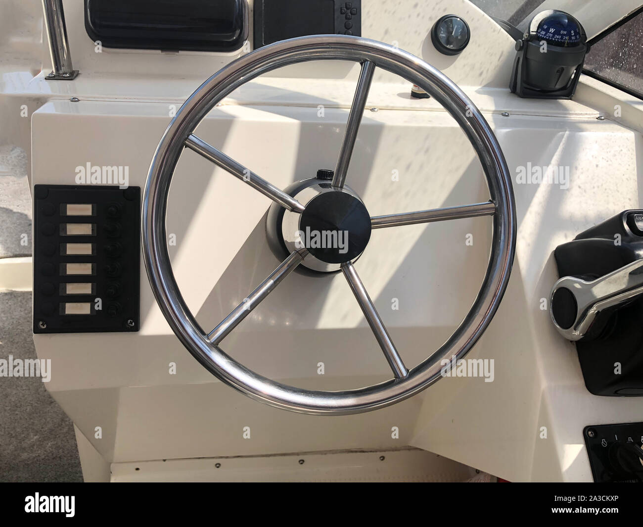 View of yacht cockpit on the deck. The helm of the sea boat, motor boat