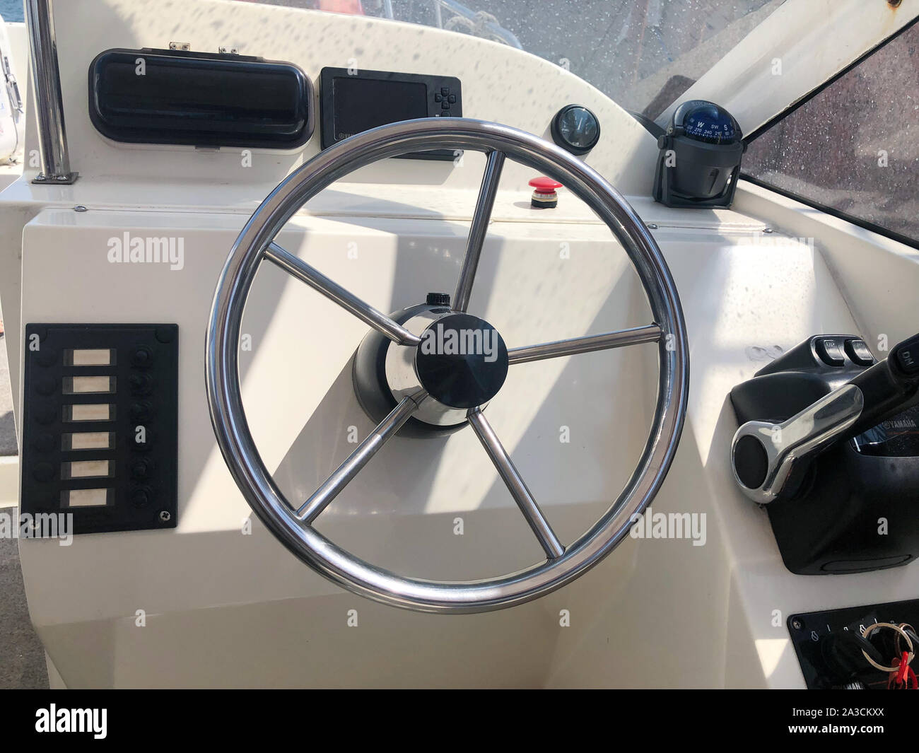 View of yacht cockpit on the deck. The helm of the sea boat, motor boat, coast guard, saving lives. Stock Photo