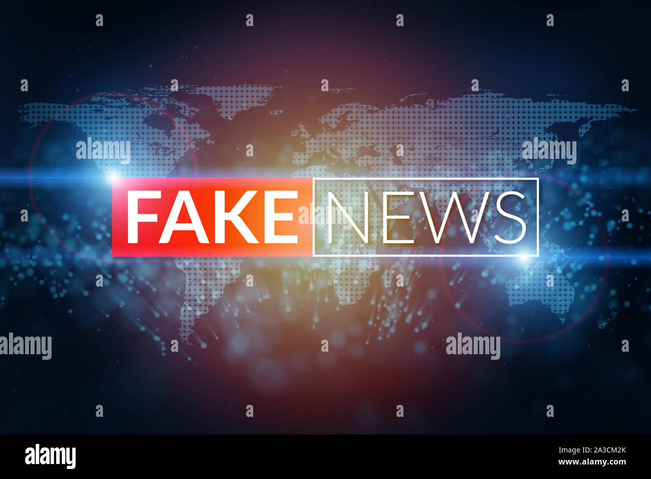 fake news live screen template on digital world map background. Stock Photo