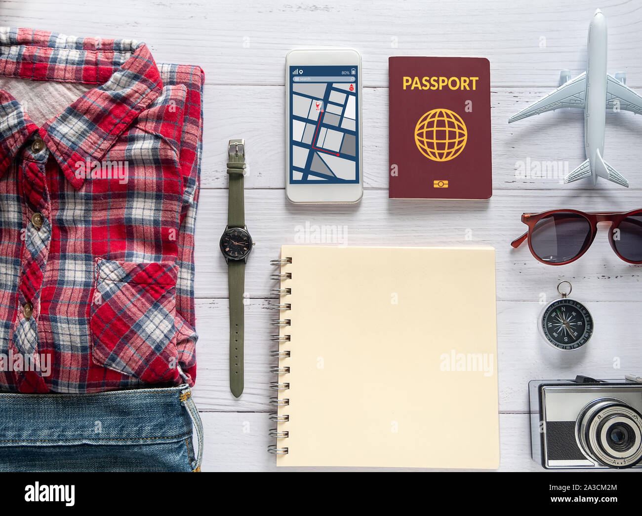 flat lay of travel item accessory, essential vacation items accessory. travel concept background Stock Photo