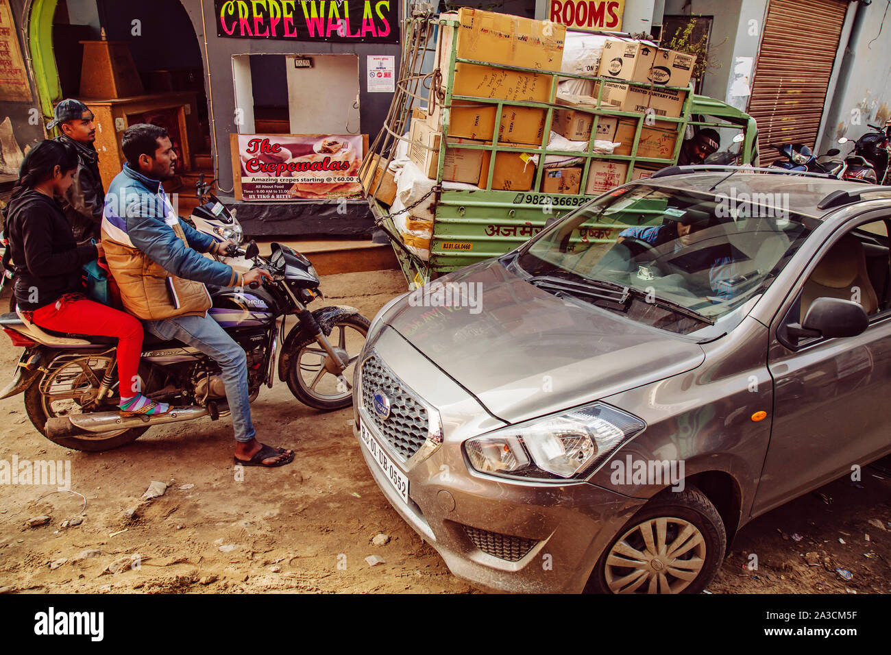 Pushkar in Rajasthan, India, January 25, 2019: traffic on the narrow street of Pushkar city Stock Photo