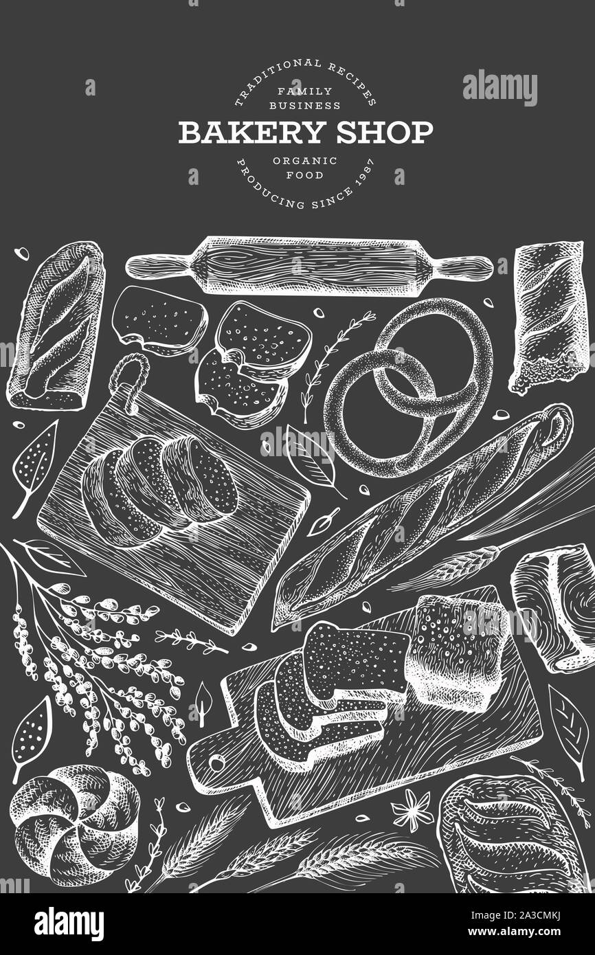 Bread and pastry banner. Vector bakery hand drawn illustration on chalk ...
