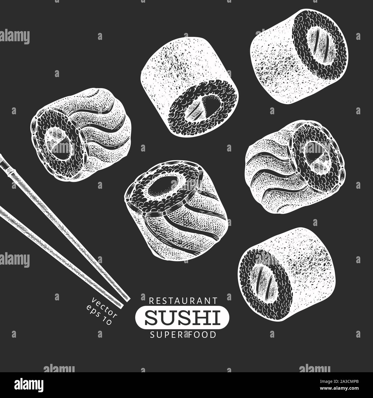 Sushi hand drawn vector illustrations on chalk board. Japanese cuisine ...