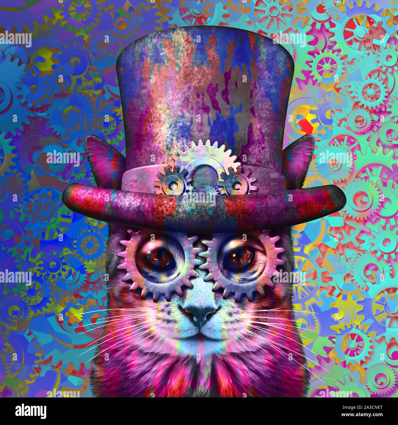 Steampunk cat psychedelic art and steam punk grunge kitten with 3D illustration elements. Stock Photo