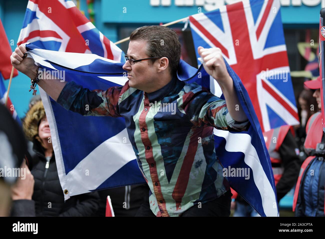 AFFG - A Force For Good - Leader Alistair McConnachie Leads the demo at AUOB Edinburgh 2019. Stock Photo