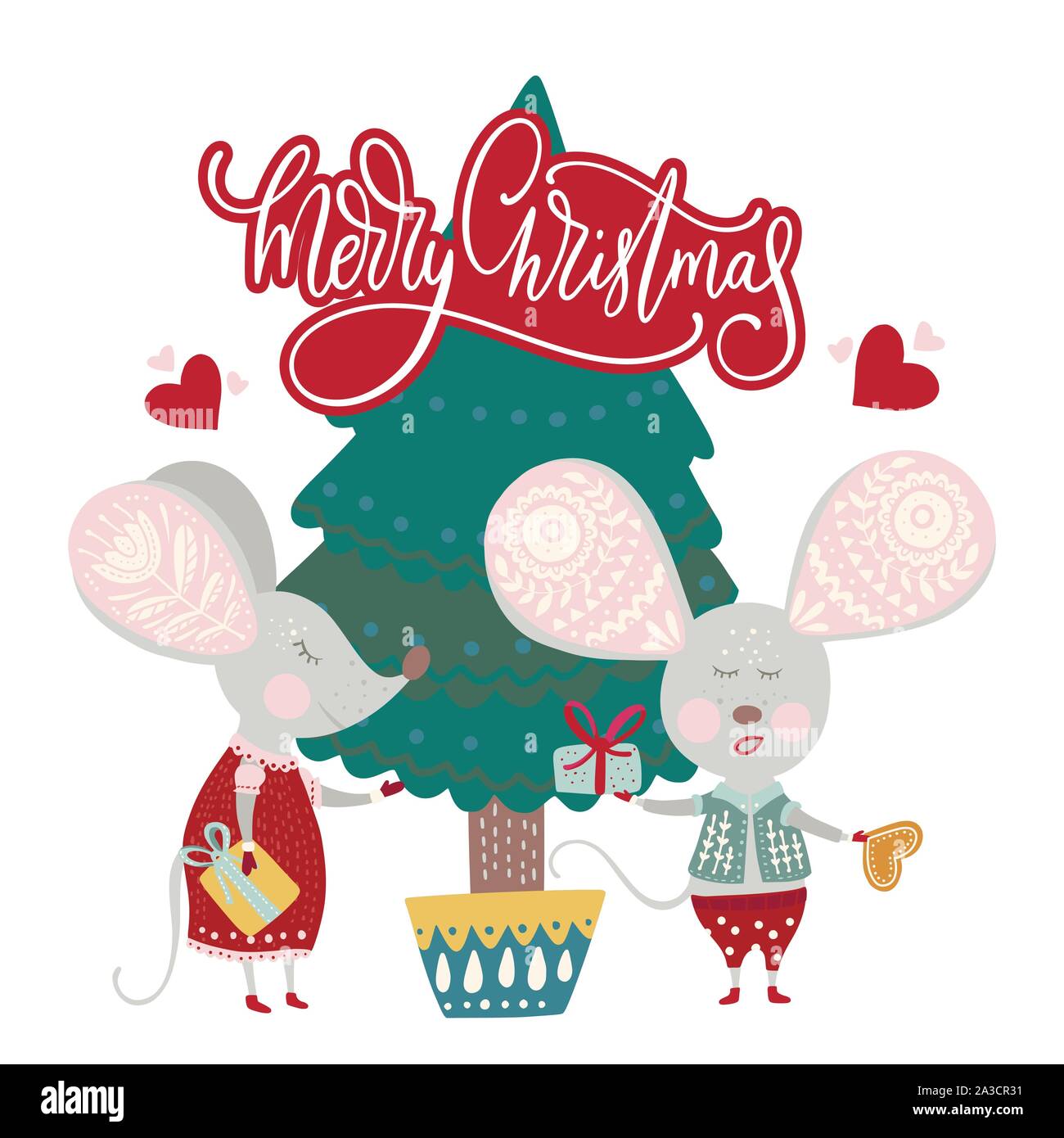 Christmas funny cartoon mice in a flat style and fie tree with lettering  quote - Merry Christmas. Winter vector poster with cute New Year mice Stock  Vector Image & Art - Alamy