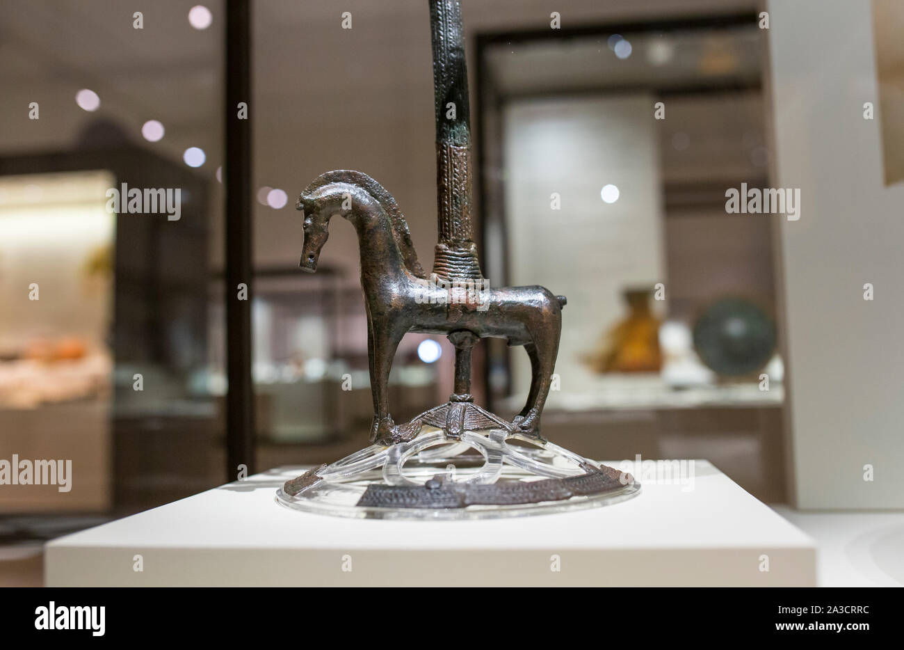 Madrid, Spain - November 10, 2017: Calaicete Censer or thymiaterion stand. 6th Century BC bronze piece from Teruel, Spain. National Archaeological Mus Stock Photo