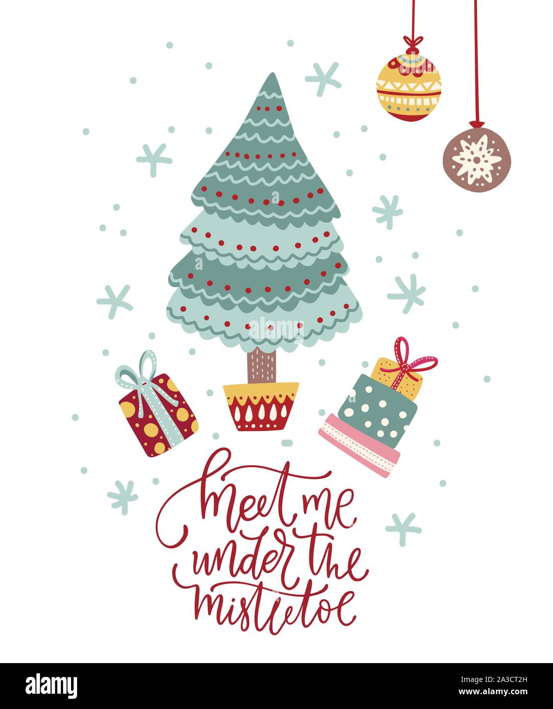 Christmas funny cartoon mouse card in a flat style with hand drawn fir ...