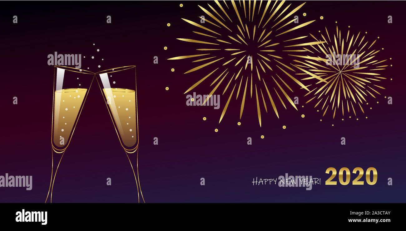 happy new year 2020 celebration fireworks and champagne vector illustration EPS10 Stock Vector