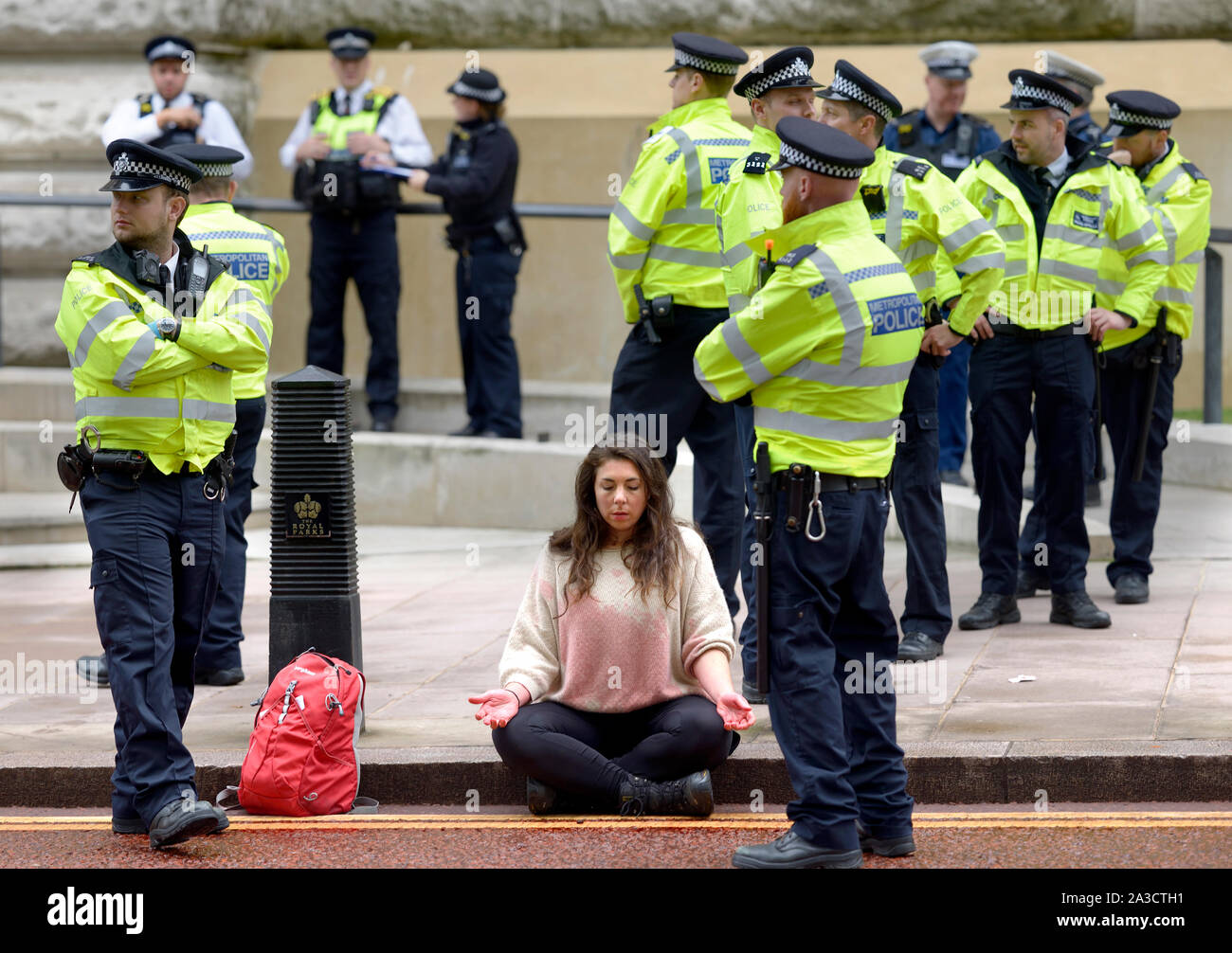 London, England, UK. Metropolitan Police policing a demonstration by Extinction Rebellion outside the Treasury Building in Westminster, October 2019 Stock Photo