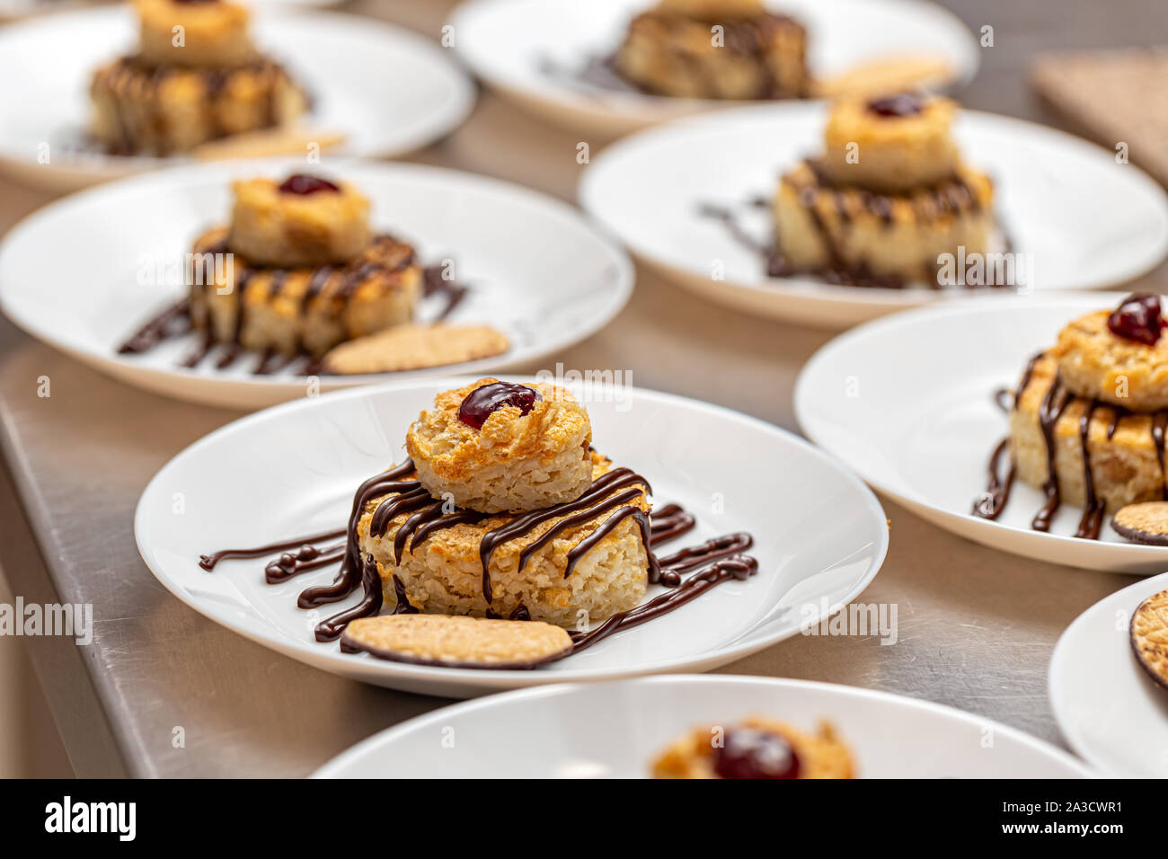 Healthy rice dessert decorated with chocolate sauce Stock Photo