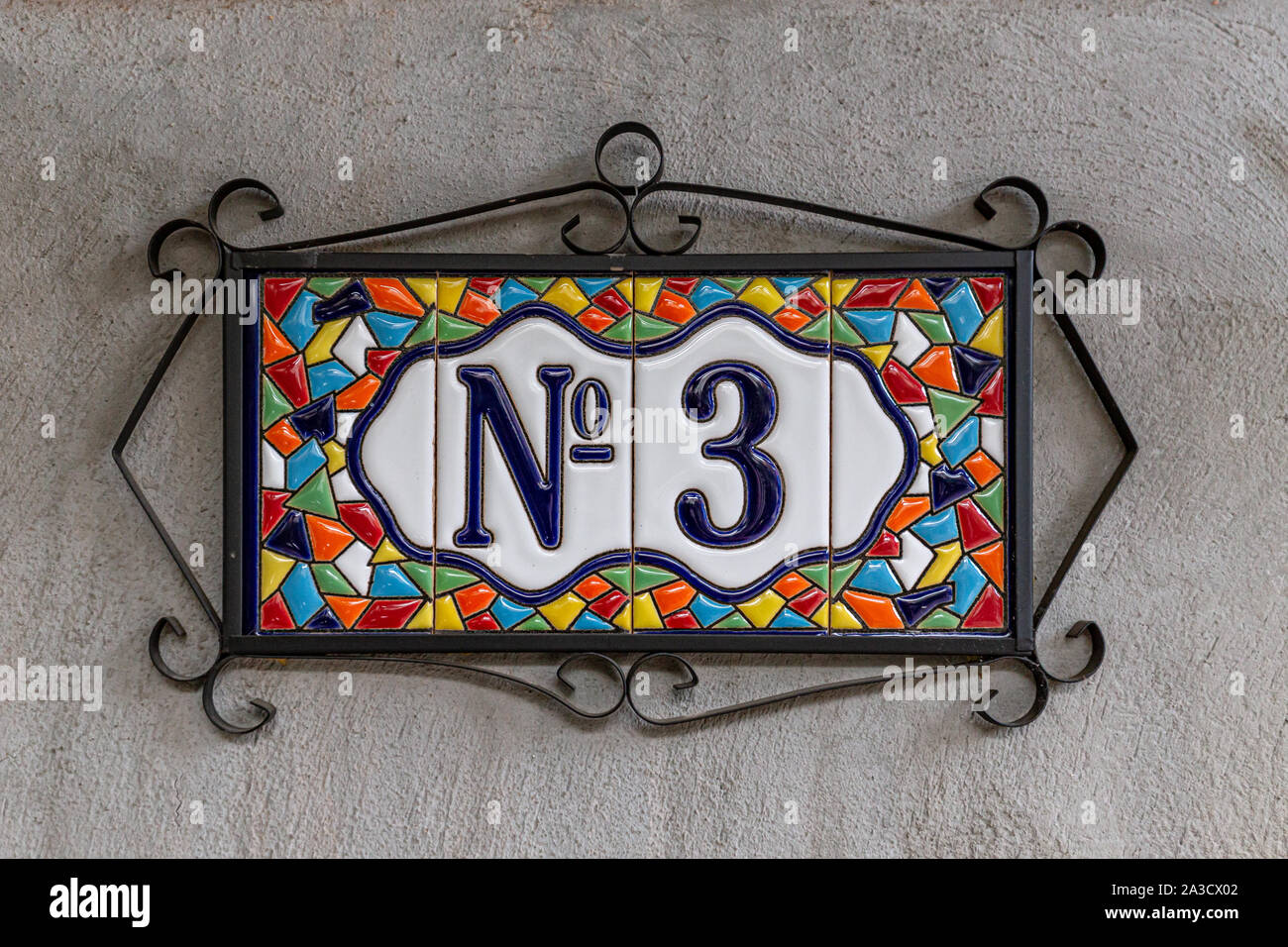 Number 3, three, house number decorative ceramic tile digit Stock Photo
